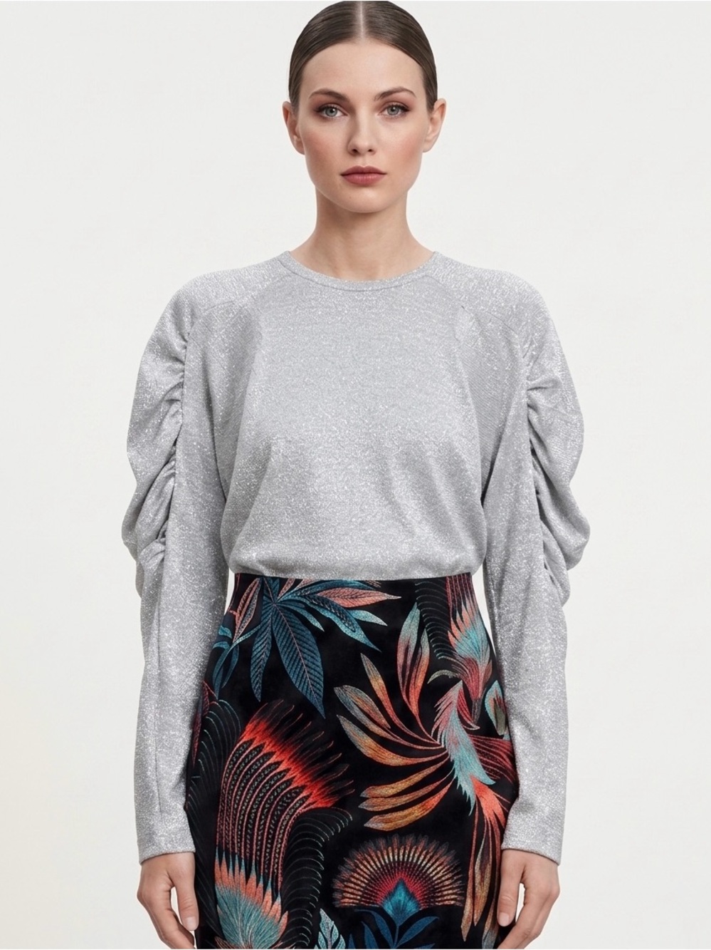 Dries Van Noten Silver Metallic Knit Long Ruched Puff Sleeve Blouse Top Size S